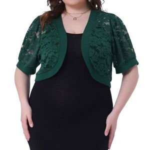Plus Size Short Sleeve Floral Lace Bolero Cardigan Dark Green